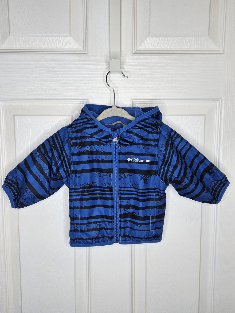 Columbia Baby Boy 0-3M Fleece Lined Hooded Jacket Blue Black Striped Lightweight